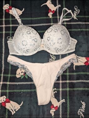 Victoria's Secret White Lace Bra and Panty Set with Light Blue Floral Detail